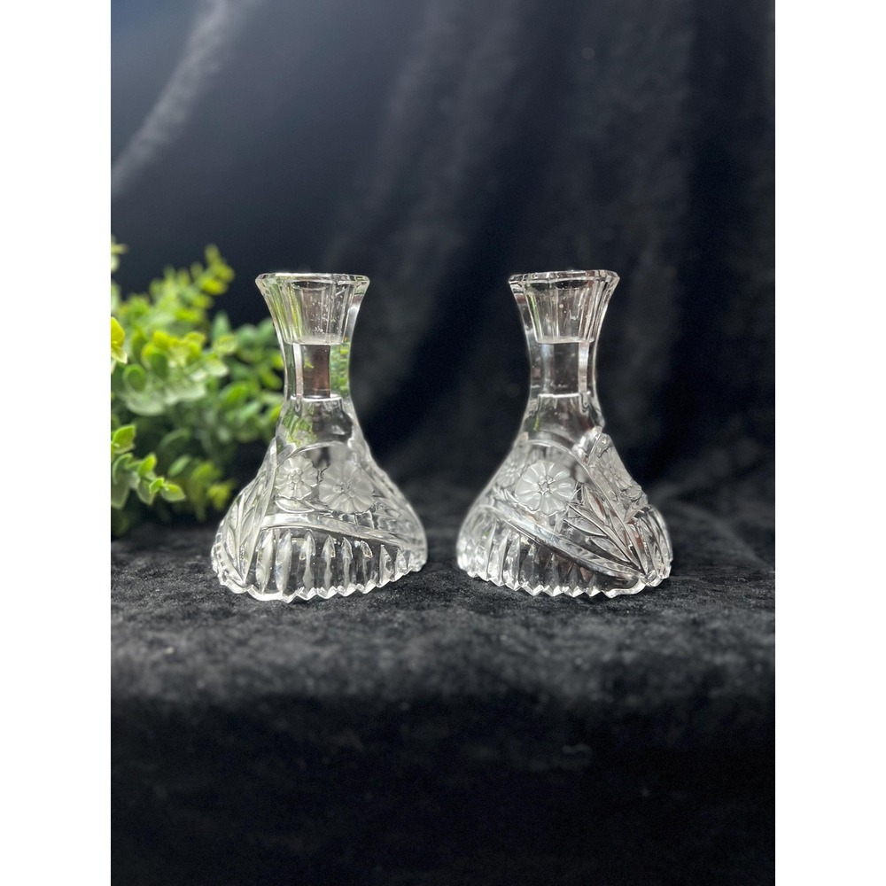 Vintage Crystal Candle Sticks Etched Floral * Set of Candle Holders Clear